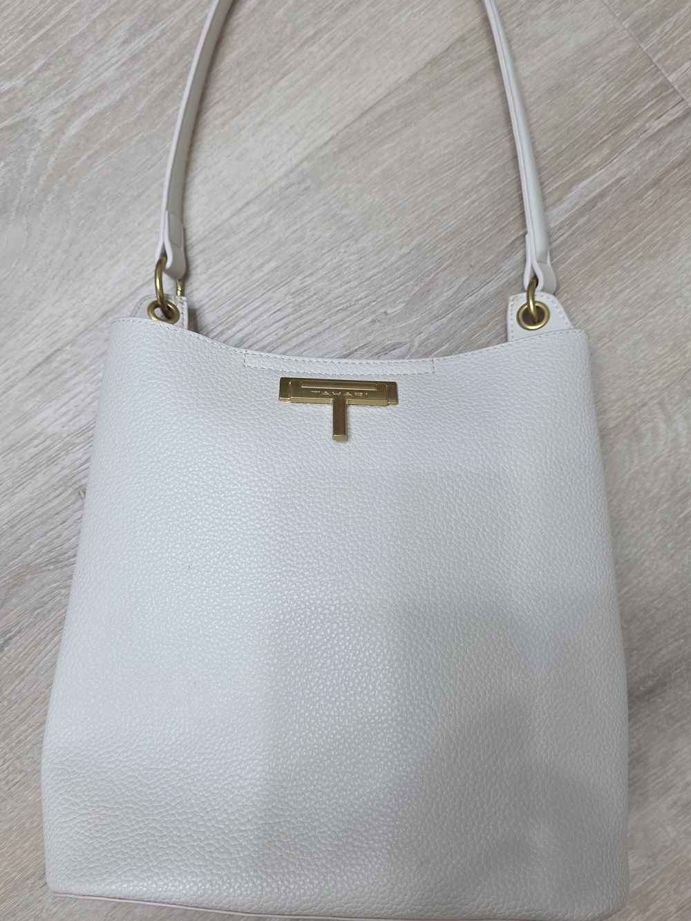 Tahari White Pebbled Leather Shoulder Tote with Gold Hardware